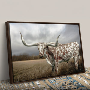 Walnut framed canvas Close-up of Texas Longhorn art in a handcrafted frame