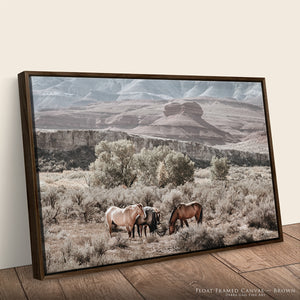Black framed premium canvas of the Pryor Mountain wild horses gathered among sagebrush and cottonwood trees in Bighorn Canyon, original muted Western landscape photography by Debra Gail Fine Art.