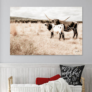 Longhorn Cow Calf Decor | Texas Longhorn Art Rustic Western Wall Canvas