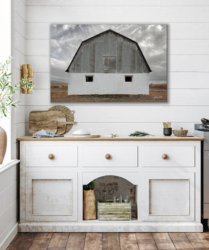 White barn wall art – winter farmhouse fine art print by Debra Gail Fine Art