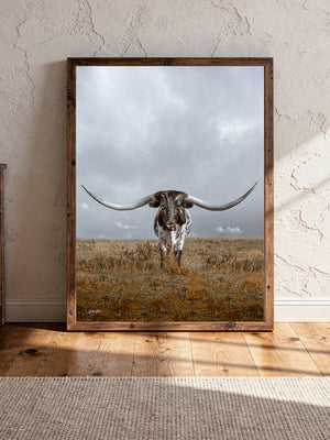 A framed vertical art print of a longhorn in a grassy field under a cloudy sky, by Debra Gail Fine Art