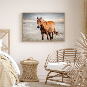 Framed Horse canvas displayed in a rustic farmhouse bedroom