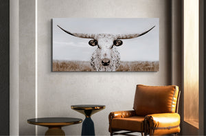 Panoramic Texas Longhorn wall art cow canvas print – wide Western ranch décor