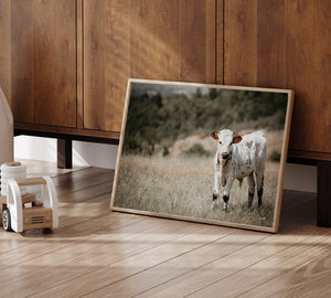 A framed photographic print of a white cow standing in a grassy field, leaning against a wooden cabinet on a wood floor next to a small wooden toy cart.