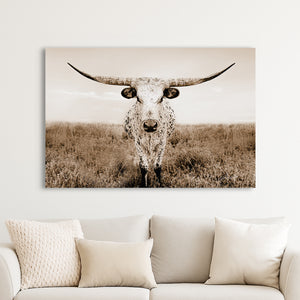 Texas Longhorn Wall Art - Rustic Farmhouse Decor | Large Cattle Canvas Print