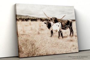 Longhorn Cow Calf Decor | Texas Longhorn Art Rustic Western Wall Canvas