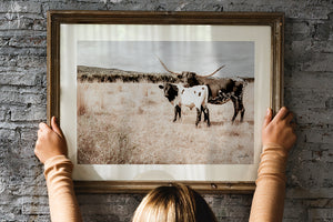 Texas Longhorn wall canvas barnwood framed Western fine art print by Debra Gail Fine Art