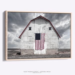 Patriotic Barn Wall Art | White Barn American Flag Farmhouse Canvas Print