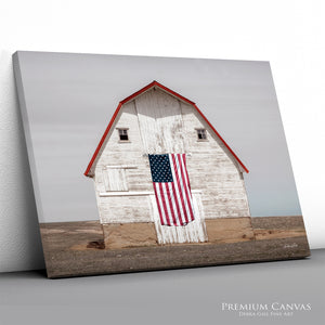 Patriotic Barn Wall Art | White Barn American Flag Farmhouse Canvas Print