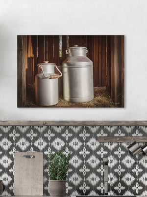 Vintage aluminum milk cans wall art – rustic farmhouse photography print by Debra Gail Fine Art