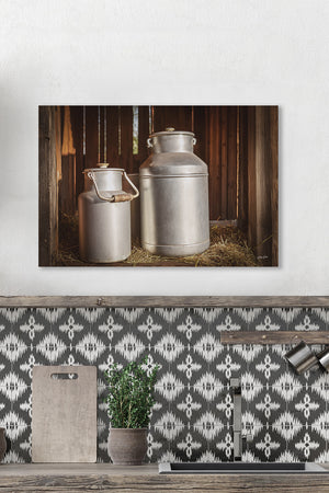 Vintage aluminum milk cans wall art – rustic farmhouse photography print by Debra Gail Fine Art
