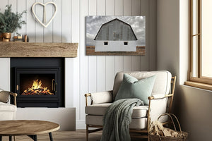 White barn wall art – winter farmhouse fine art print by Debra Gail Fine Art