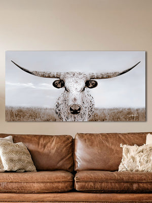 Panoramic Texas Longhorn wall art cow canvas print – wide Western ranch décor