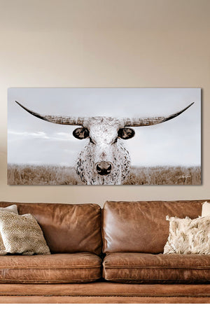 Panoramic Texas Longhorn wall art cow canvas print – wide Western ranch décor