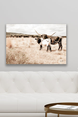 Texas Longhorn wall canvas barnwood framed Western fine art print by Debra Gail Fine Art