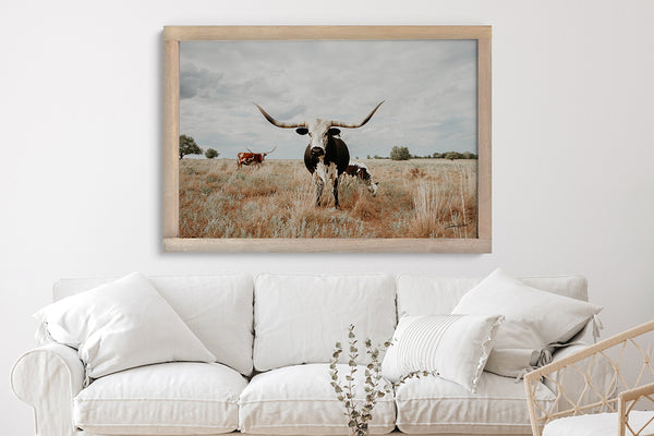 Texas Longhorn Cow with Her Calf - Farmhouse Art