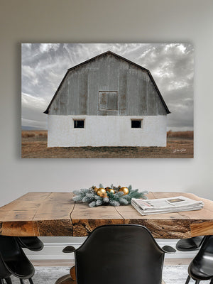 White barn wall art – winter farmhouse fine art print by Debra Gail Fine Art