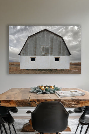 White barn wall art – winter farmhouse fine art print by Debra Gail Fine Art