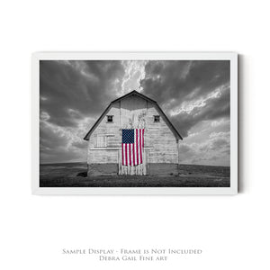 Patriotic Barn Wall Art | White Barn American Flag Farmhouse Canvas Print
