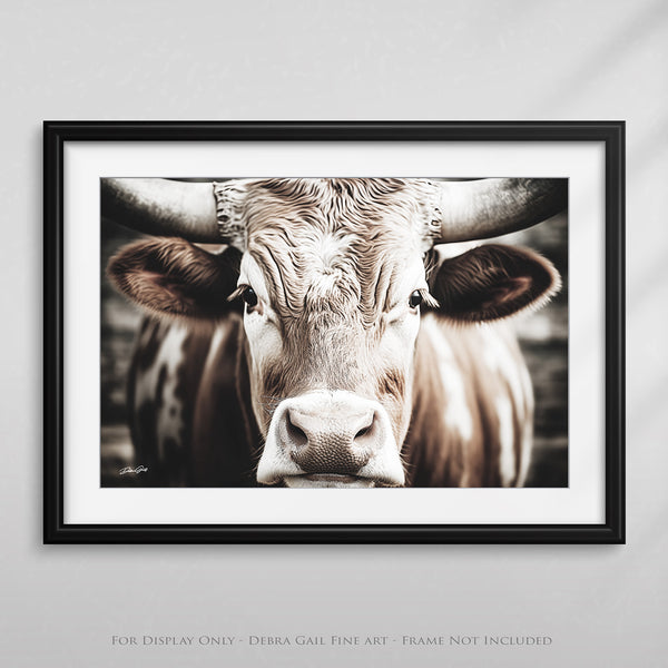 a picture of a cow with horns is hanging on a wall