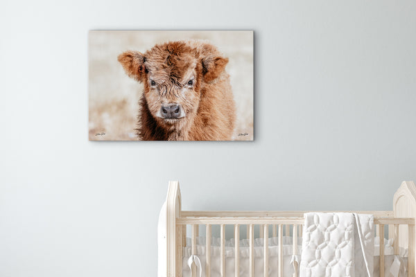 a baby cow standing next to a white crib