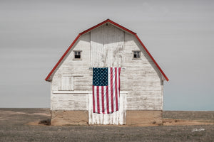 Patriotic Barn Wall Art | White Barn American Flag Farmhouse Canvas Print