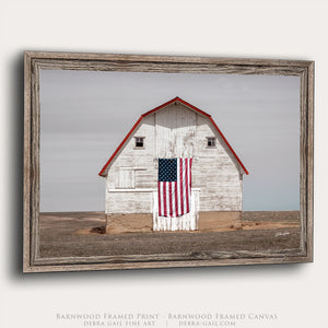 Patriotic Barn Wall Art | White Barn American Flag Farmhouse Canvas Print