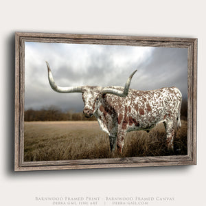 Barnwood Close-up of Texas Longhorn art in a handcrafted reclaimed barnwood frame