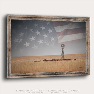 American Prairie Windmill Wall Art – Western Landscape with Subtle Flag Overlay – Rustic Ranch Decor – Fine Art Photography Print or Canvas