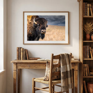 Premium framed bison wall art with natural maple frame