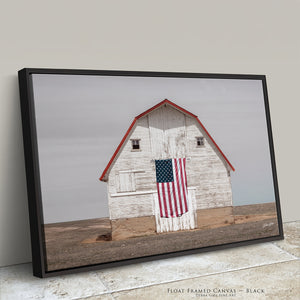 Patriotic Barn Wall Art | White Barn American Flag Farmhouse Canvas Print