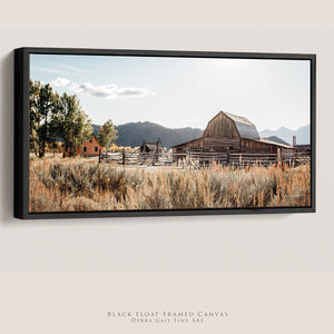 Mormon Row historic barn black wood float framed panoramic wall art in Grand Teton National Park, Wyoming, photographed by Debra Gail
