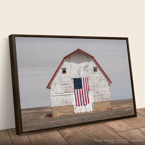 Patriotic Barn Wall Art | White Barn American Flag Farmhouse Canvas Print