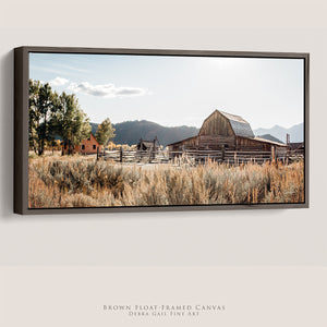 Mormon Row historic barn natural brown wood float framed panoramic wall art in Grand Teton National Park, Wyoming, photographed by Debra Gail