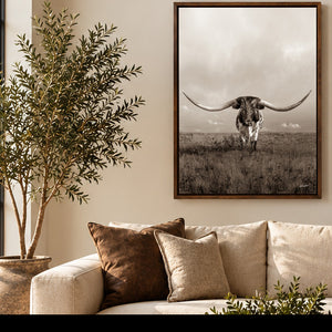 Custom Longhorn in Sepia | Vertical Texas Longhorn Wall Art