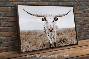 Large Texas Longhorn wall art – rustic western walnut brown framed canvas print