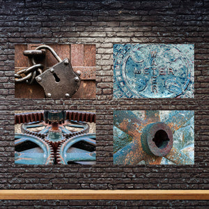 Industrial Wall Art Set of 4, Rustic Gears Photography, Blue Brown Mechanical Art, Masculine Office Decor