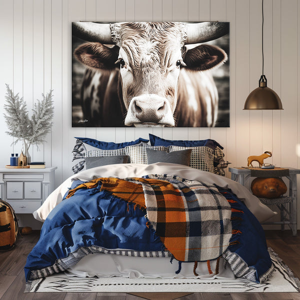 a picture of a cow on a wall above a bed