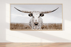 Panoramic Texas Longhorn wall art cow canvas print – wide Western ranch décor