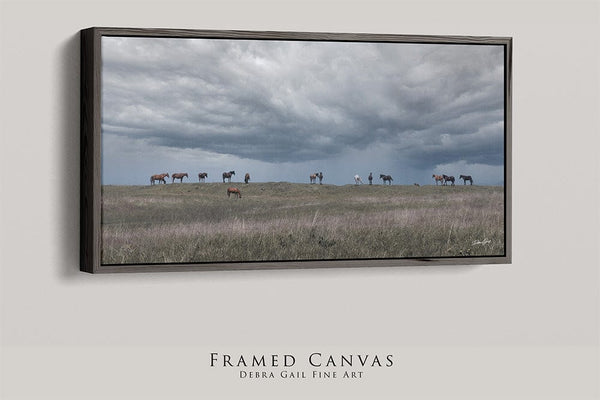 Debra Gail Fine Art 20x10 Walnut Float Framed Canvas WILD HORSES - STORMY KANSAS SKY 2:1