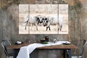 longhorn split canvas wall art – rustic farmhouse triptych