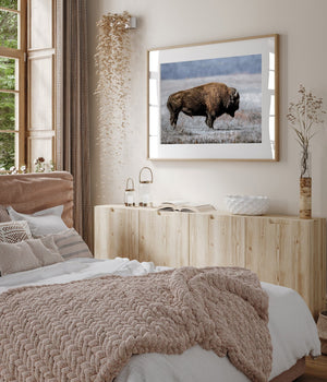 Buffalo Bison wall art canvas – blue tones rustic prairie photography print