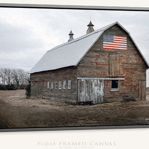 Debra Gail Fine Art Black Framed Canvas / 10x8 RED AMERICANA BARN PRINT WITH AMERICAN FLAG