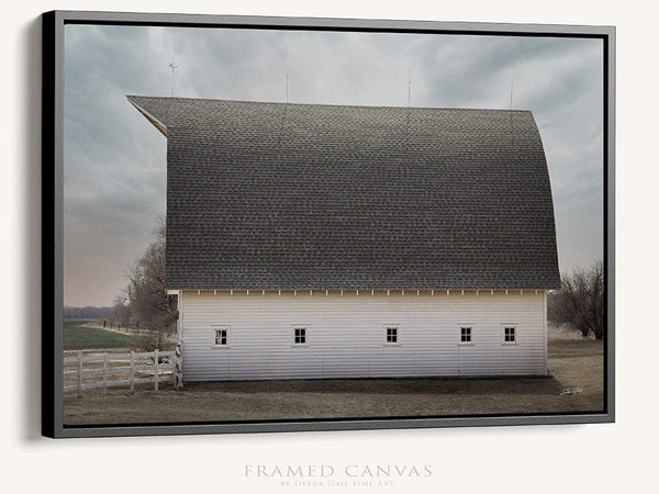 Debra Gail Fine Art Black Framed Canvas / 10x8 WHITE BARN WITH A GAMBREL ROOF - FARMHOUSE DECOR