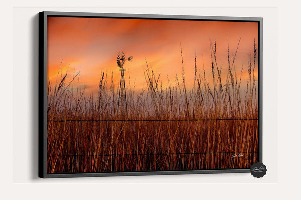 Debra Gail Fine Art Black Framed Canvas / 10x8 Windmill in the Tallgrass Prairie Sunset | Serene Kansas Landscape Art