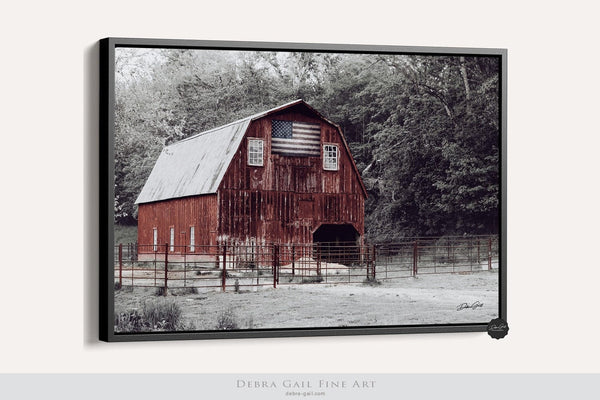 Debra Gail Fine Art Black Framed Canvas / 10x8 WINTER RED BARN LANDSCAPE WITH AMERICAN FLAG