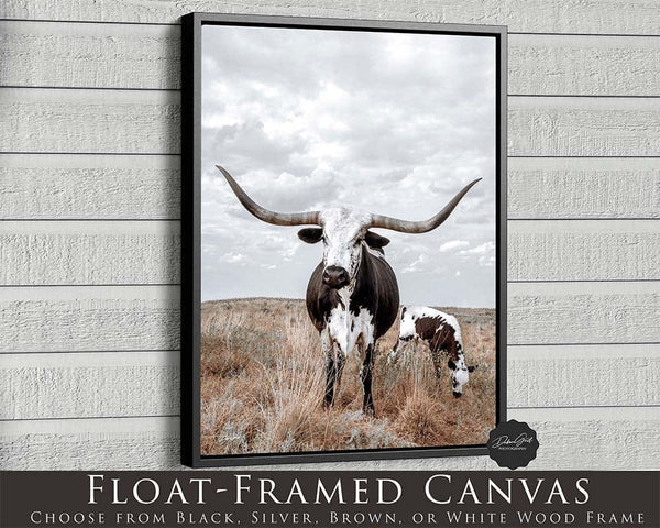 Debra Gail Fine Art Black Framed Canvas / 8x10 Western Home Wall Decor - Longhorn Cow and Calf Canvas