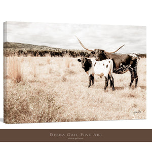 Texas Longhorn wall canvas barnwood framed Western fine art print by Debra Gail Fine Art