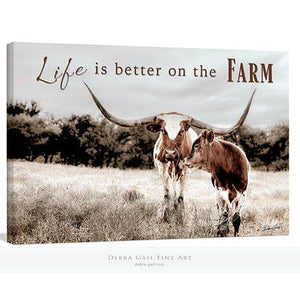 Inspirational wall art cow canvas personalized life is better on the farm by Debra Gail
