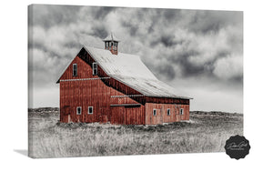 Red barn wall art canvas print – rustic Kansas prairie farmhouse photography print